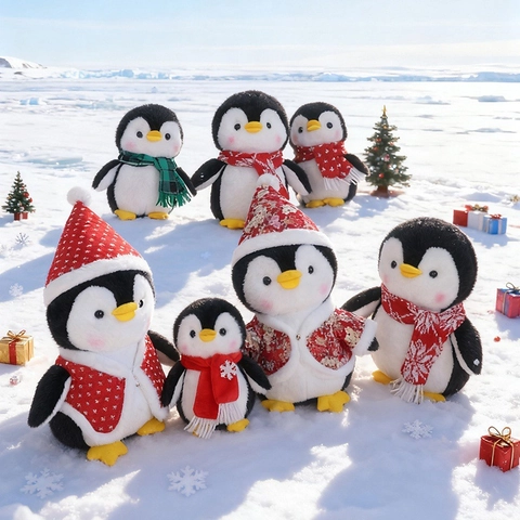 Penguin Plush Toy Soft Stuffed Animal Christmas Scarf Snowflake Clothes Holiday Winter Gift Cute Realistic Penguin Doll