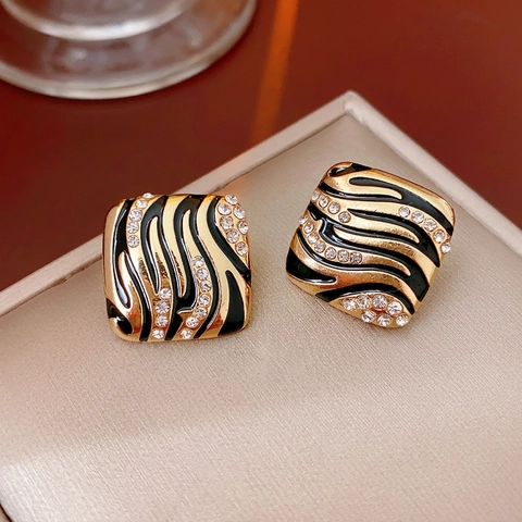 Vintage Square Stud Earrings Alloy Enamel Zebra Pattern With 925 Sterling Silver Earring Post Rhinestone Luxury Women