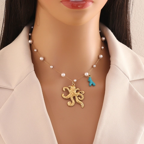 Ocean Theme Stainless Steel Necklace With Faux Artificial Pearls And Sea Turtle Starfish Octopus Coral Pendants Jewelry For Women
