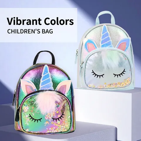 Kids Backpack Unicorn Cartoon Iridescent PU Leather Sequins Plush Ball Fashion Girls Travel Toddler