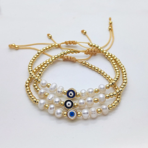 Böser Blick Armband Natürliche Süßwasserperle 18 Karat Vergoldete Kupferperlen Handgewebt Verstellbarer Barockschmuck Für Damen