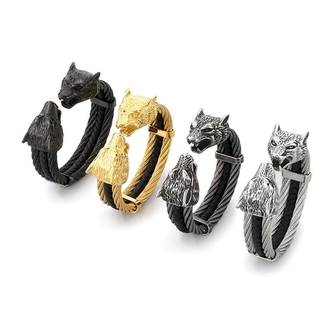 Pulsera De Puño Abierto Con Doble Cabeza De Lobo Acero Inoxidable Y Cuero De Vaca Joyería Punk Vikinga Para Hombres