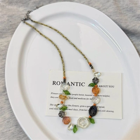 Collar De Cuentas Hecho A Mano Vidrio Colorido Flor Hoja Limón Charms Bohemio Verano Gargantilla Joyería Regalo Mujer