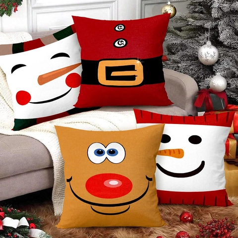 Kerst Kussenhoezen Polyester Linnenlook Cartoon Sneeuwpop Kerstman Rendier Prints Vakantie Decoratie