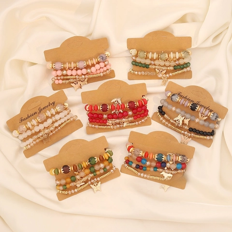 Lagenlook Perlenarmband Für Damen Boho Schmetterling Anhänger Legierung Acryl Polymer-Ton Elastisch Modeschmuck
