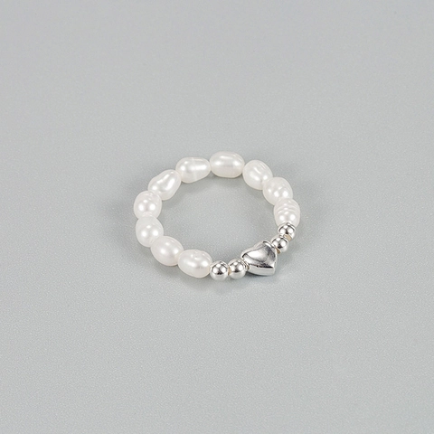 S925 Sterling Silver Heart Artificial Pearl Elastic Ring For Women Korean Style Baroque Beaded Jewelry Adjustable Finger Ring