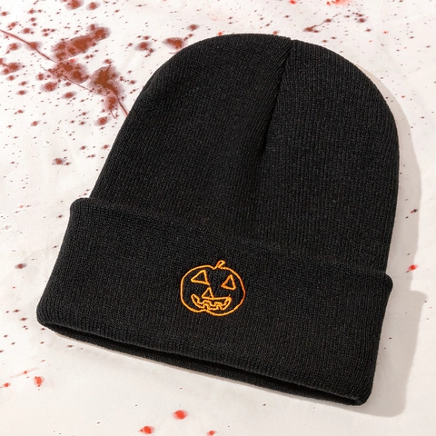 Halloween Pumpkin Embroidery Knitted Beanie Hat Acrylic Warm Folded Cuff Casual Holiday Theme For Men Women