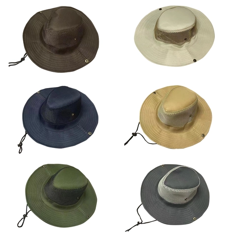 Outdoor Bucket Hat Mesh Breathable Wide Brim Sun Protection Adjustable Wind Rope Boonie Hat For Hiking Fishing Camping