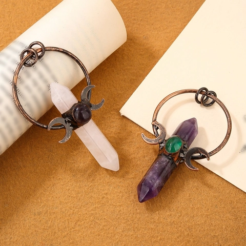 Collana Con Pendente Pilastro Cristallo Esagonale Ametista Naturale Quarzo Rame Vintage Dea Della Tripla Luna Gioielli Mistici