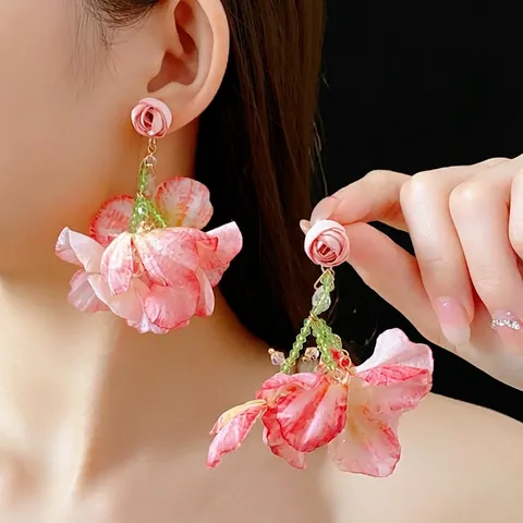 Oversized Pink Cloth Flower Drop Earrings For Women Bohemian Gradient Gauze Petal With 925 Sterling Silver Earring Post