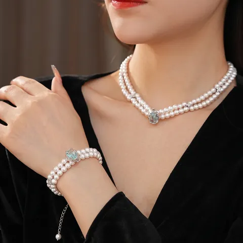 Bijoux Collier Et Bracelet Double Couche En Künstliche Perles D'imitation Style Palais Vintage Français Avec Zircon Bleu Pour Femmes
