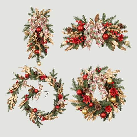 Artificial Christmas Wreath Garland Swag Red Gold Ornaments Poinsettia Flowers Pine Cones Bow Door Staircase Hanging Decor