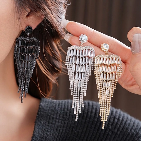 Boucles D'oreilles À Pampilles En Zircon Avec Tige En Argent Cuivre Longue Pendante Pour Femmes Bijoux De Fête