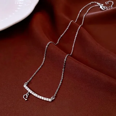 Dainty Silver Tone Copper Necklace With Zircon Curved Bar And C Initial Pendant Minimalist Jewelry For Women