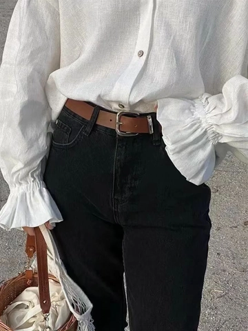 Women Cotton Linen Blouse Solid Color Long Lantern Sleeve Ruffle Cuff Button Down Shirt Casual Elegant French Style