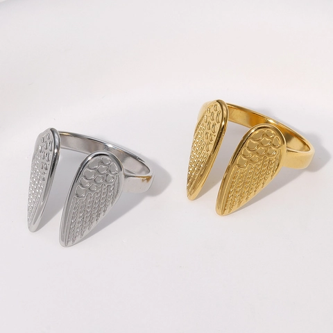 Angel Wing Open Ring Stainless Steel Adjustable Feather Texture Polished Jewelry For Women Personalized Style