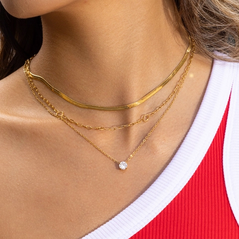 Layered Necklace Stainless Steel Gold Plated Snake Chain Round Zircon Pendant Fashion Jewelry For Women