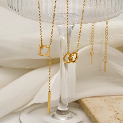 18K Gold Plated 304 Stainless Steel Interlocked Heart Geometric Y Shape Necklace Women Dainty Minimalist Elegant Jewelry