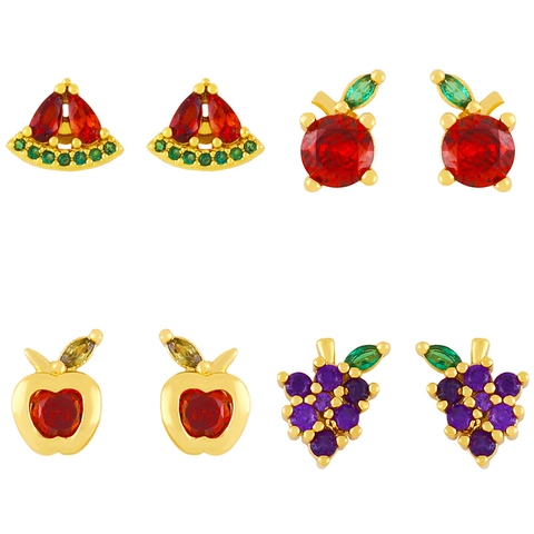 Cute Fruit Stud Earrings Gold Plated Copper Colorful Cubic Zirconia Watermelon Grape Apple Orange Jewelry For Women