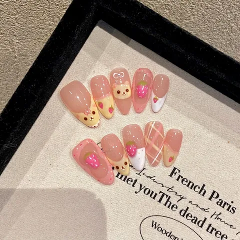 Cute Strawberry Cartoon Bear Press On Nails Almond Shape Handmade French Tips Plaid Pink Sweet Style Artificial Nails