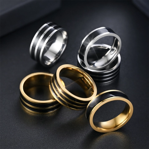 Minimalist Band Ring Stainless Steel Black Enamel Striped Geometric Fashion Jewelry Accessory For Men Women Unisex