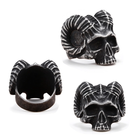 Ram Skull Ring Stainless Steel Vintage Gothic Punk Biker Jewelry For Men Distressed Oxidized Finish Animal Head Band