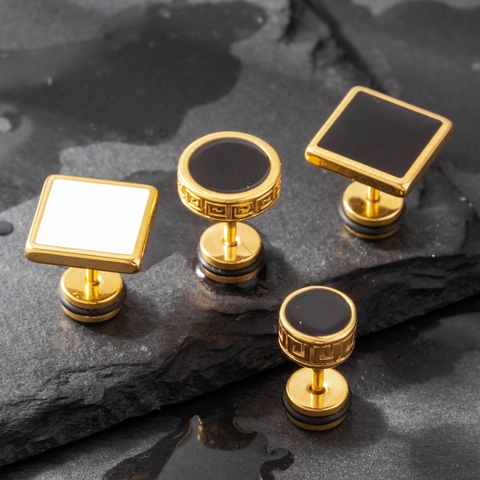 Men Stud Earring Stainless Steel Gold Plated Geometric Greek Fret Pattern Retro Punk Style Trendy Accessory