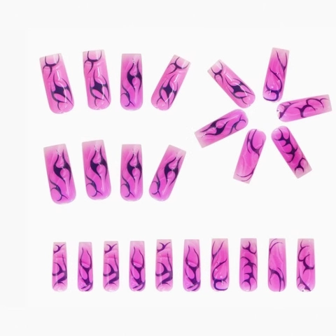 Lange Coffin Press On Nägel Pink Lila Farbverlauf Schwarz 3D Flammenmuster Tribal Style Künstliche Nägel Für Frauen Tragbar