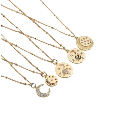 Zircon Moon Star Pendant Necklace Copper Gold Tone Celestial Planet Fashion Jewelry For Women Elegant Gift Accessory
