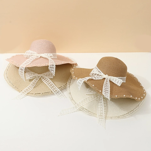 Women Straw Sun Hat Wide Brim Elegant Lace Bow Artificial Pearl Trim Beach Breathable Summer Outdoor Vacation Sunshade Accessory