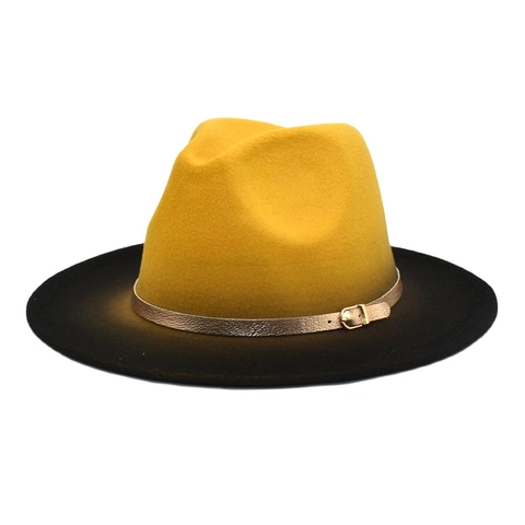 Two Tone Gradient Fedora Hat For Women Men Wide Brim Woolen Jazz Cap With Belt Buckle Elegant Western Style Felt Panama Hat