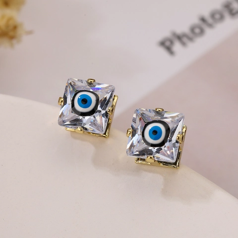 Western Fashion Square Evil Eye Stud Earrings For Women Copper Rhinestone Geometric Dainty Jewelry Trendy Eye Earrings