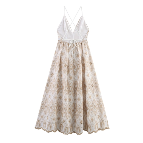 Bohemian Besticktes Maxikleid Rückenfrei V-Ausschnitt Spaghettiträger Hohe Taille Wellensaum Urlaub Für Damen