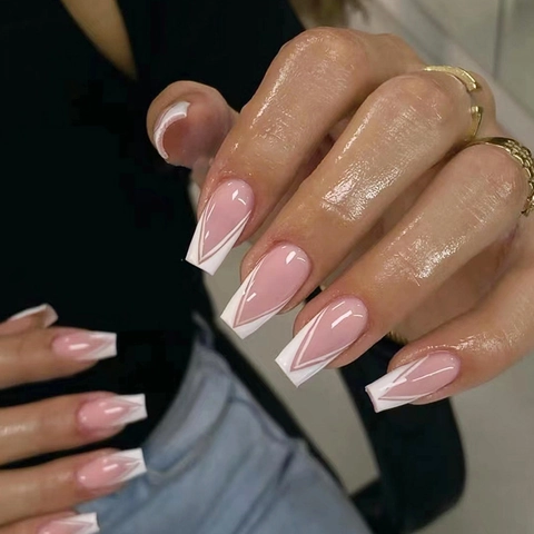 French V Tip Press On Nails Long Coffin Nude Pink Glossy Artificial Fake Nails For Women