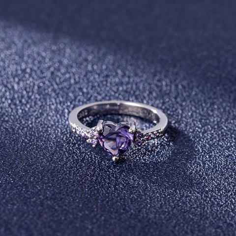 Heart Shaped Purple Cubic Zirconia Ring Copper White Gold Plated Elegant Jewelry For Women Fashion Accessory