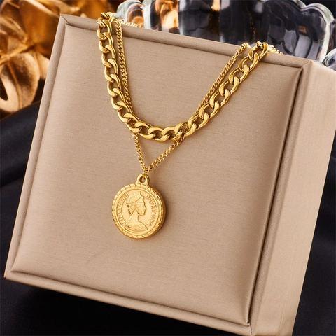 Vintage Edelstahl Doppel Schicht Kette Halskette Für Damen Gold Überzogen Königin Porträt Münze Anhänger Mode Schmuck Halsschmuck