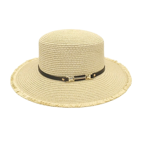 Sombrero De Paja Boater Para Mujer Ala Ancha Copa Plana Verano Playa Sol Estilo Francés Borde Deshilachado Banda Cuero Hebilla Metal