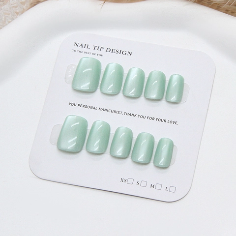 Handmade Press On Nails Mint Green Cat Eye Effect Short Square Round Shape ABS Plastic Simple Ins Style For Women