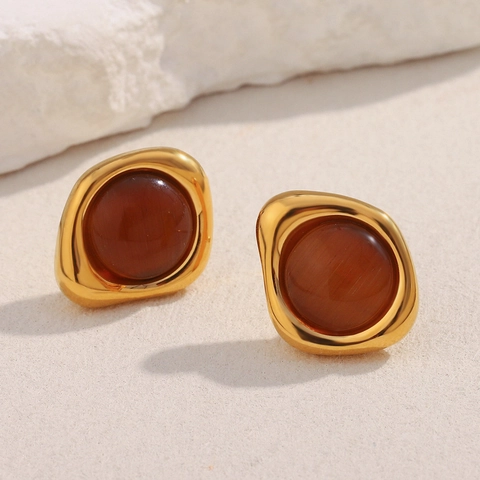 Vintage Tiger Eye Stud Earrings For Women French Style Irregular Geometric 18K Gold Plated Stainless Steel Jewelry