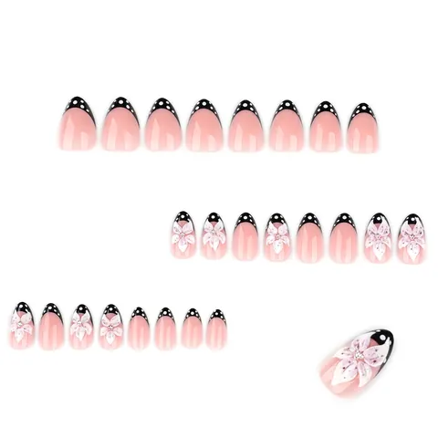 Uñas Postizas Francesas Con Flor 3D Y Puntas De Lunares Negros Forma De Almendra Para Mujeres