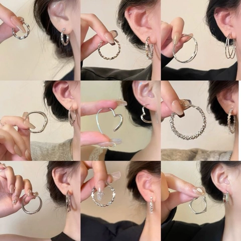 Silver Color Hoop Earrings Geometric Rhinestone Heart Square Alloy Jewelry With Silver Earring Post For Women