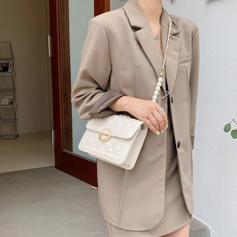 Women Quilted Shoulder Bag PU Leather Artificial Pearl Buckle Chain Strap Crossbody Small Square Bag Elegant Fashion Handbag