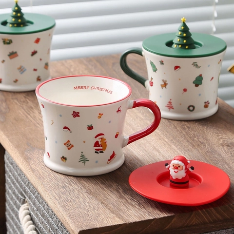 Christmas Ceramic Mug With Lid And Spoon Santa Claus Tree Pattern For Coffee Milk Tea Festive Gift Home Office