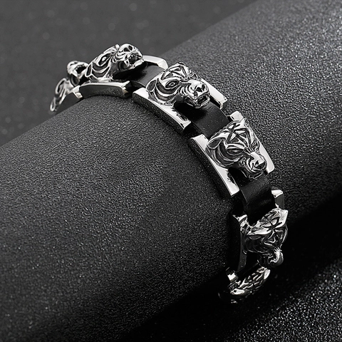 Bracciale Testa Di Tigre Da Uomo Acciaio Inossidabile 316L Pelle Genuina Intrecciata Hip Hop Punk Gothic Gioiello Animale