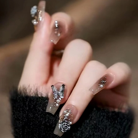Uñas Postizas Largas Forma Ataúd Con Decoración De Camelia 3D Mariposa Degradado Marrón Para Mujeres