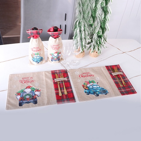 Christmas Placemat With Utensil Pocket Faux Linen Table Mat Blue Truck Santa Print Holiday Dining Table Decoration