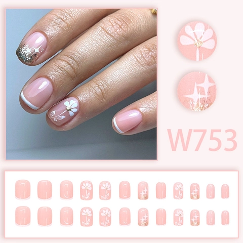 Press On Nails Short Square White Flower Gold Glitter Star French Tip Sweet Elegant False Nails For Women