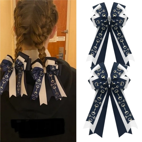 Barrette À Cheveux Noeud Équestre Et Élastique Ruban Gros-Grain Imprimé Mors Style Preppy Accessoires Cheveux Strass