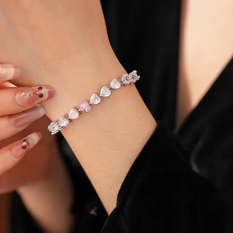 Elegant Heart Cut Zircon Tennis Bracelet Copper Silver Plated Pink White Stone Luxury Jewelry For Women Anniversary