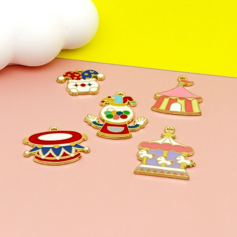 Circus Theme Alloy Enamel Charms Cute Clown Carousel Tent Gold Plated Pendants For DIY Jewelry Making Keychain Decor